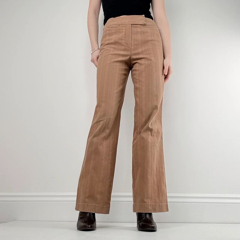 brown pinstripe wide leg flared