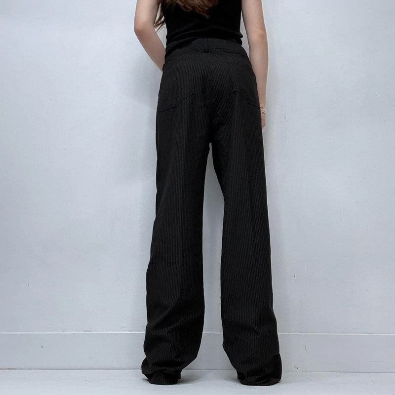 black pinstriped flared trousers