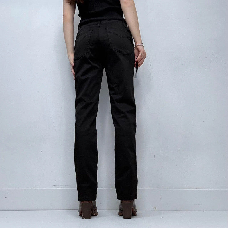 black zip front straight leg trousers
