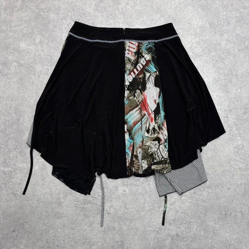 black pinstripe grunge asymmetric midi skirt