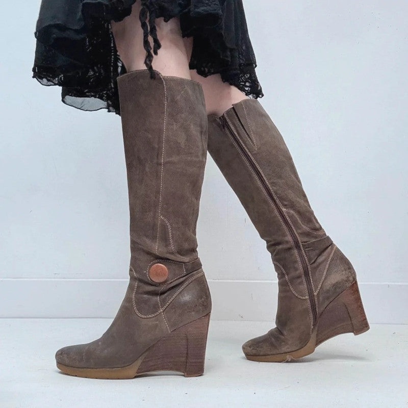 Brown leather wedge knee high boots