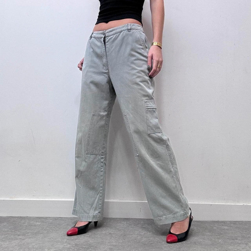 wide leg flared khaki distressed utility trousers