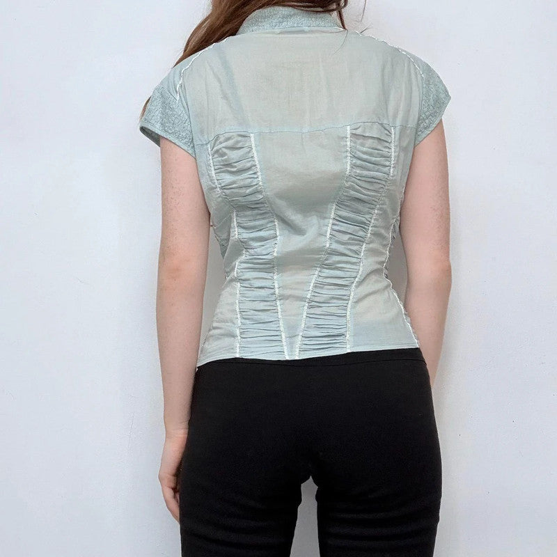blue gathered cinched corset shirt