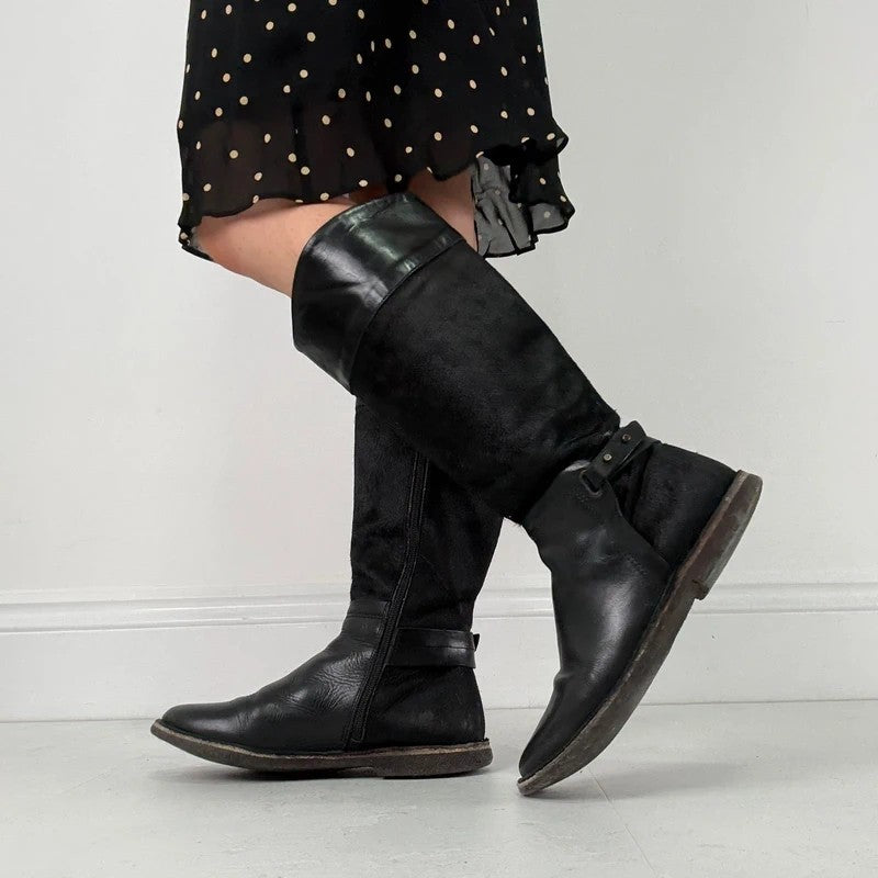 Black leather cowhide pony skin knee high boots