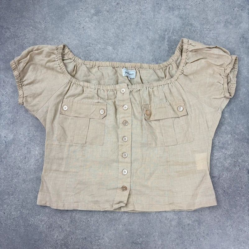 tan linen pleated button through slouchy blouse