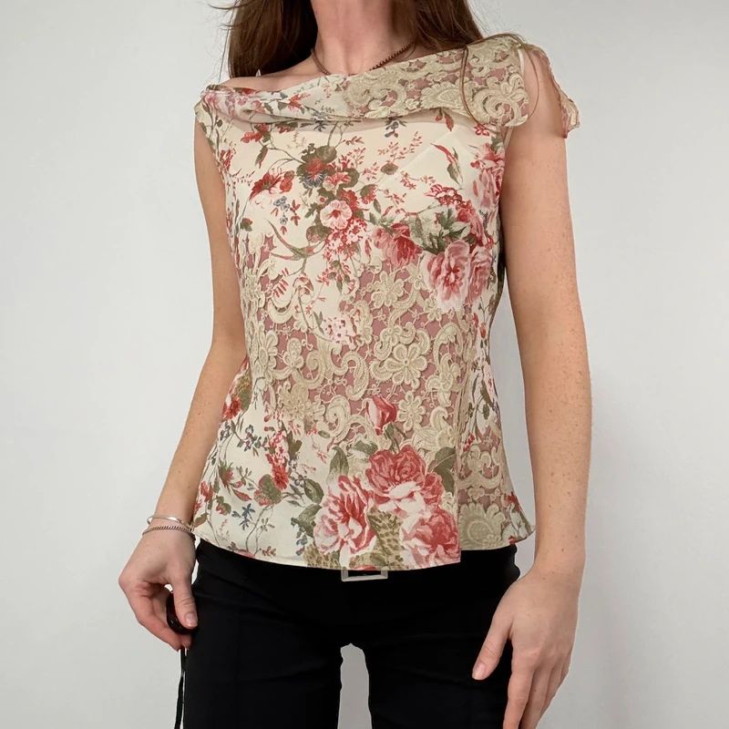 Lace Print cowl neck Drape Vest