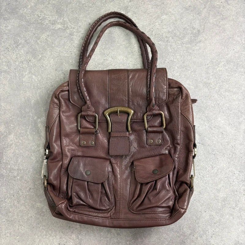 Brown buckle Y2K pocket slouchy tote bag