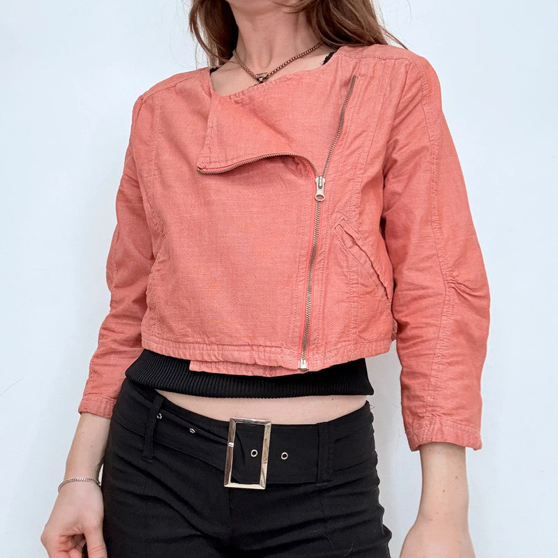 red linen cropped asymmetric jacket