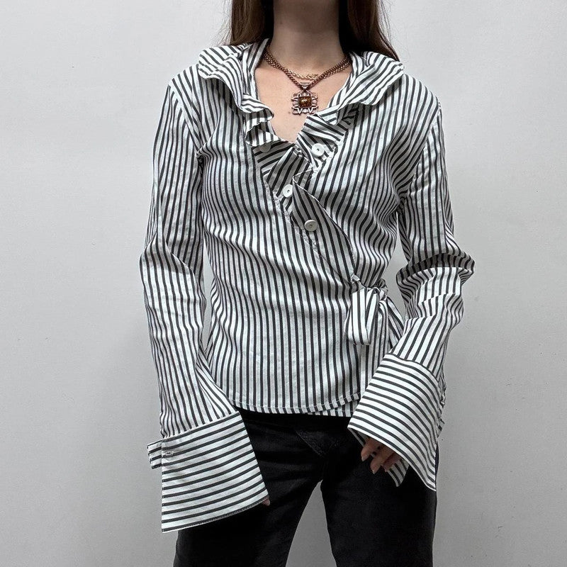 white pinstripe wrap ruffle shirt