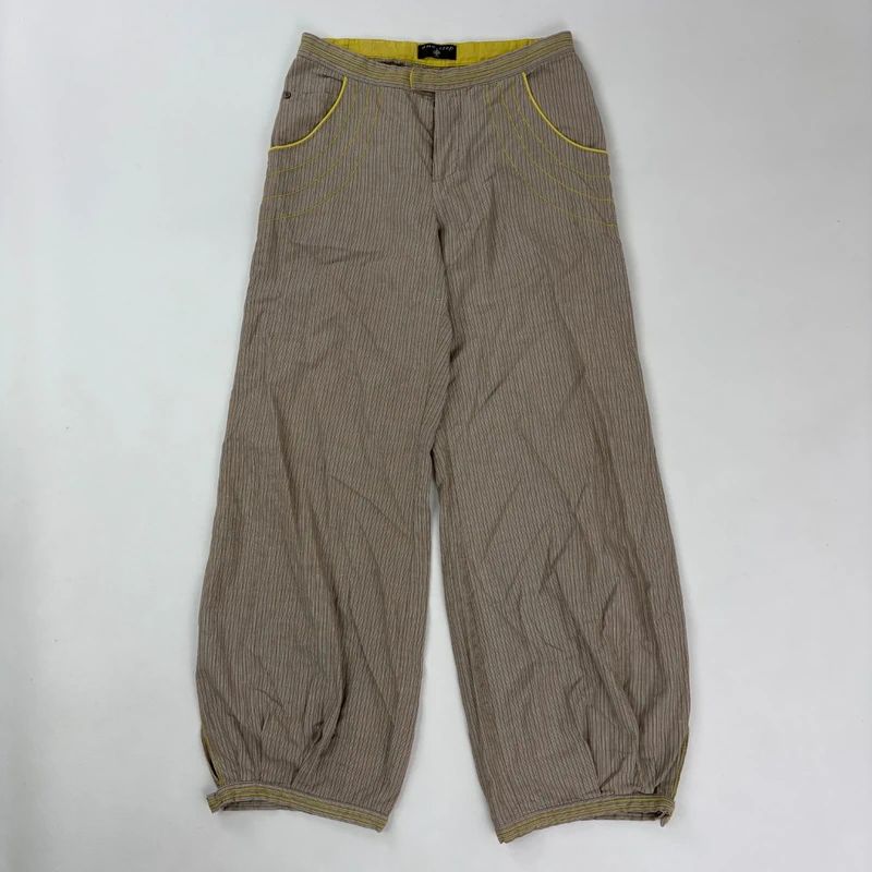 brown pinstripe pleated hem puff cotton trousers