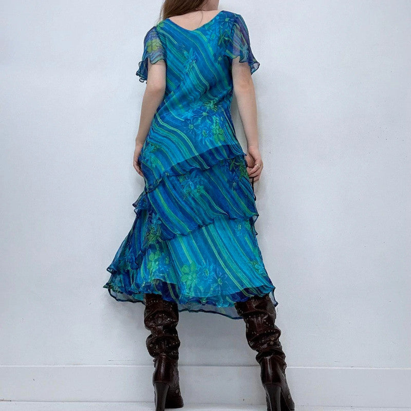 blue layered pinstripe ruffle dress