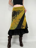 Patchwork graphic mesh layered long skirt