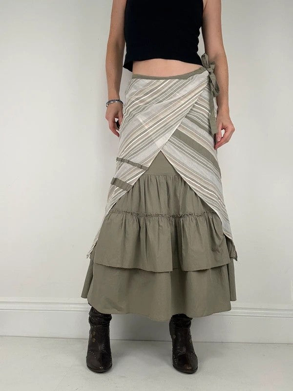 khaki layered pleated ruffle cotton maxi skirt