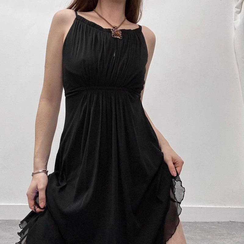 black pleated cinched mini dress