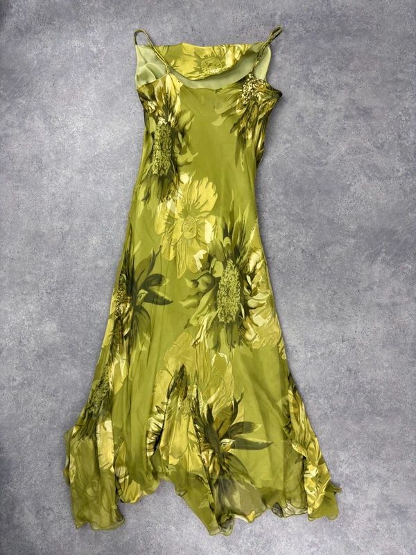 green floral watercolour silk bias cut maxi dress