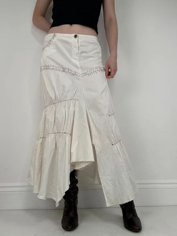 pleated white asymmetric flared maxi skirt