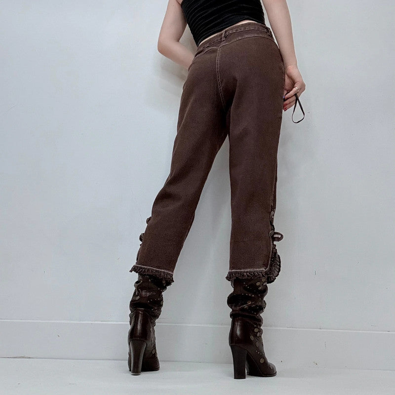 dark brown denim ruffle hem coquette capri pants