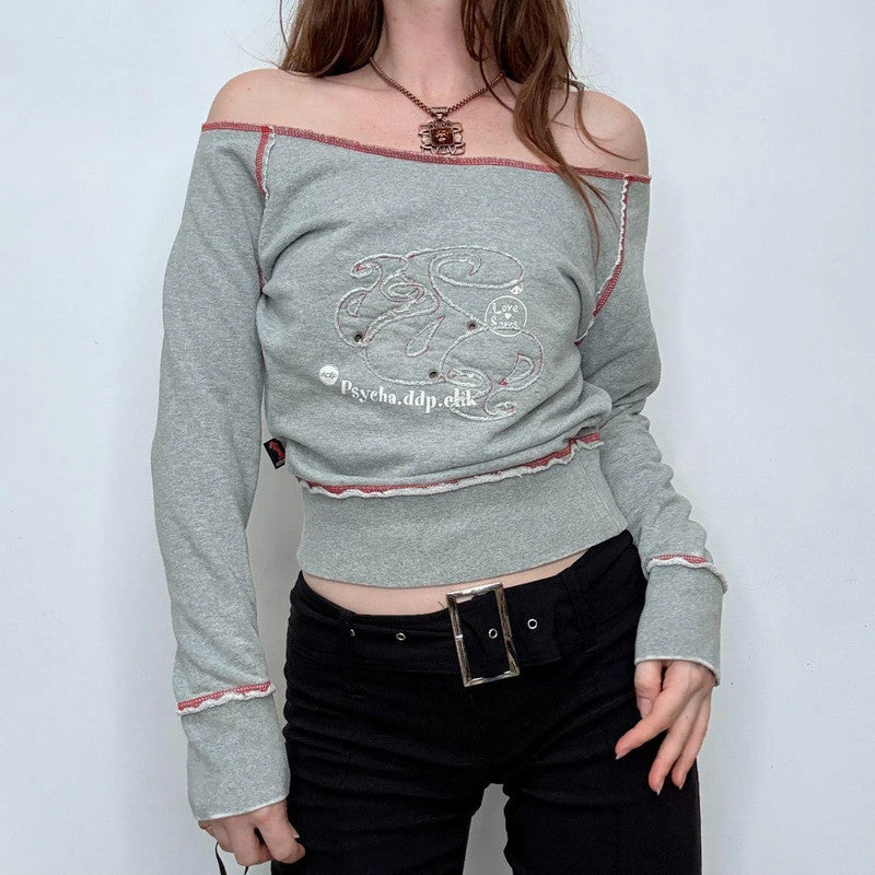 grey off the shoulder slouchy sweater