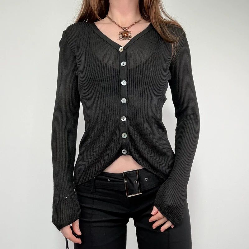 black semi sheer ribbed knit cardigan
