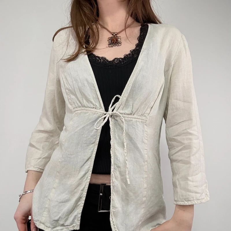 cream linen flared tie up shirt