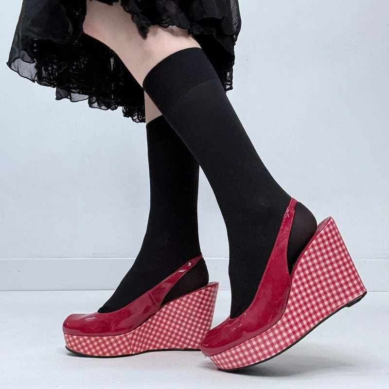 red gingham wedge heels
