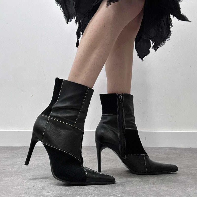 patchwork black suede heel boots