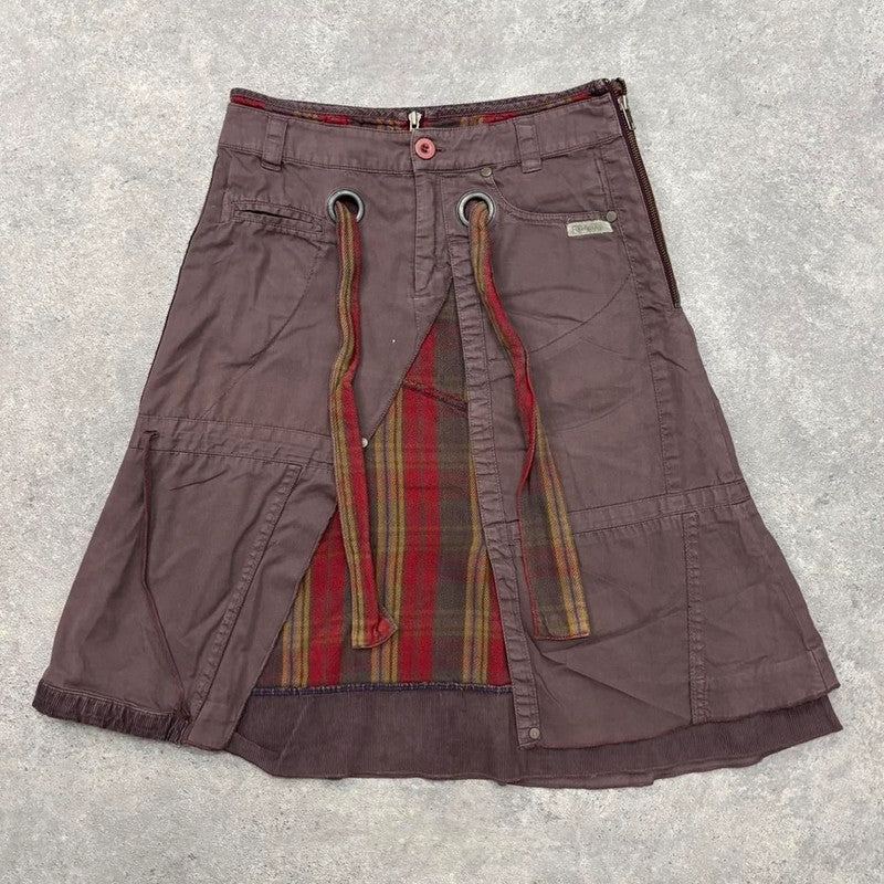 Tartan layered asymmetric midi skirt