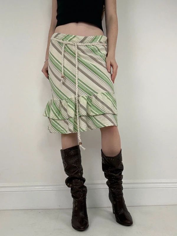 Pinstripe ruffle boho Y2K midi skirt
