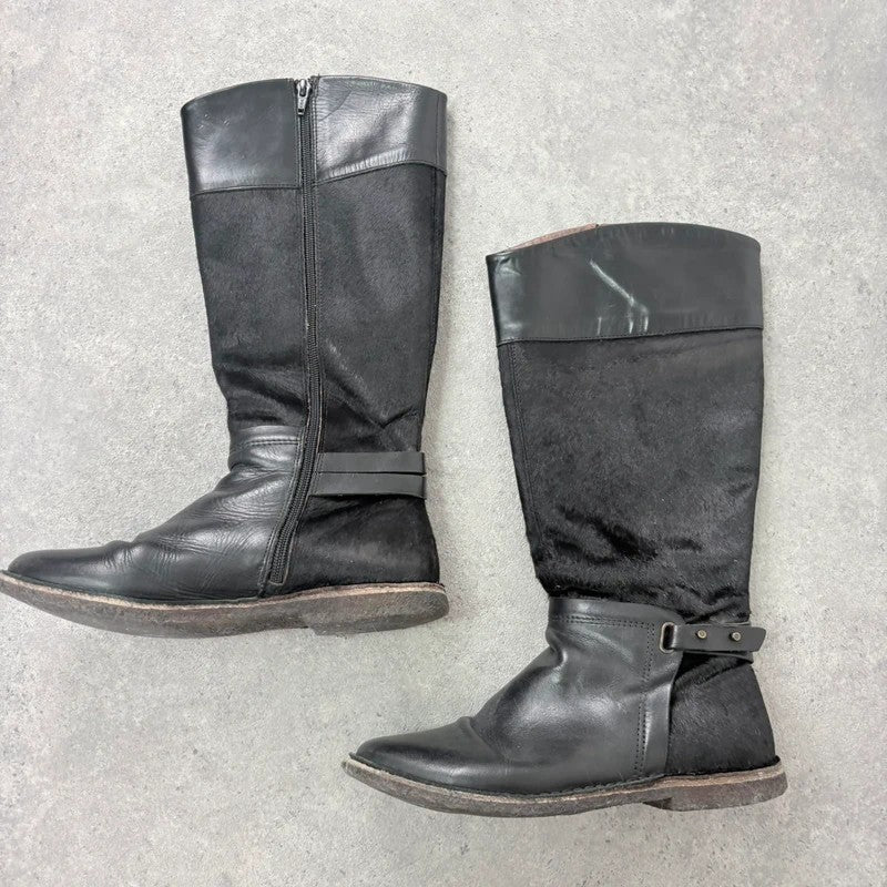 Black leather cowhide pony skin knee high boots