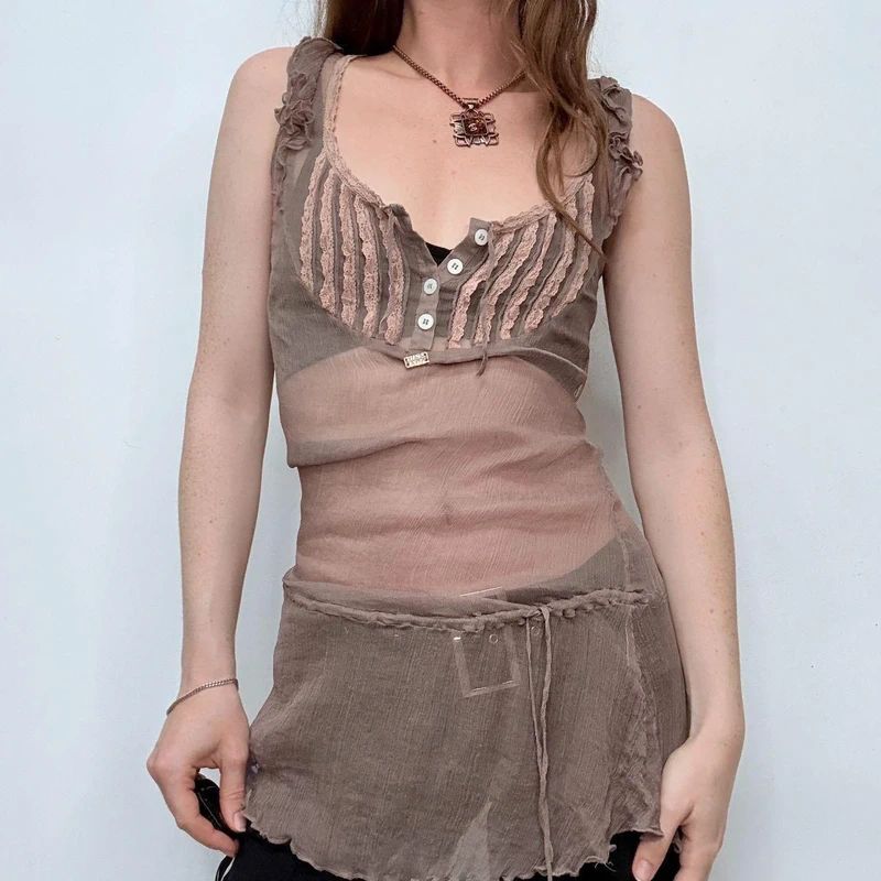sheer brown crinkle flared miss sixty flutter vest