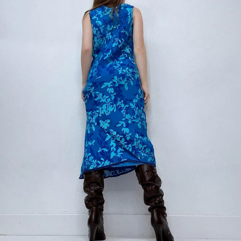 blue floral embossed silk bias cut dress