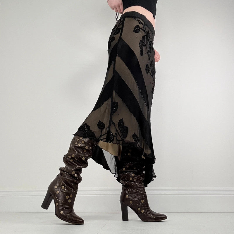 black silk floral flutter skirt