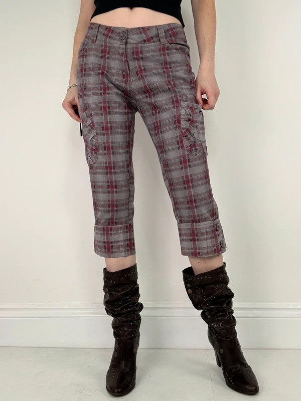 tartan checked red cargo denim capri pants