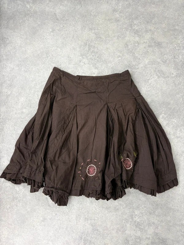 Brown cotton pleated flare boho floral skirt