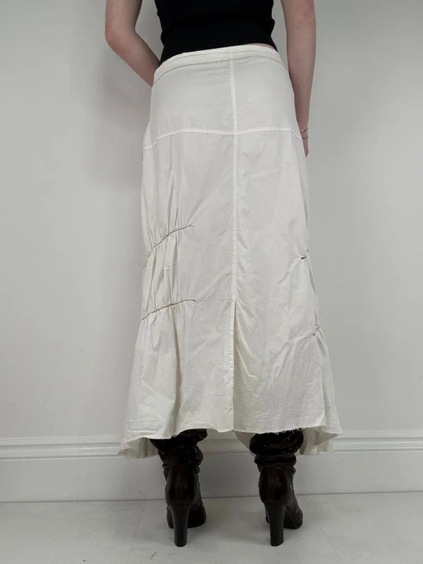 pleated white asymmetric flared maxi skirt