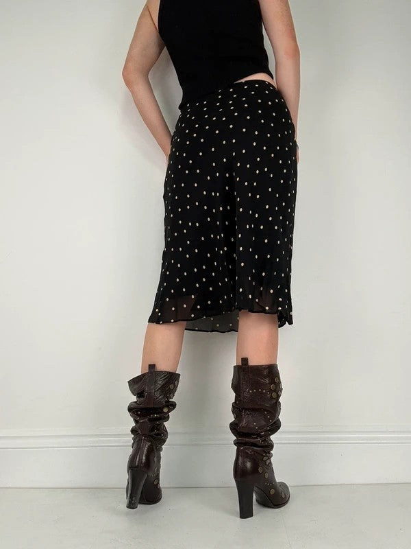 Black and white polkadot flutter midi skirt