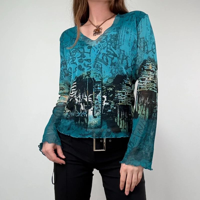 Graphic printed Grunge Mesh Top