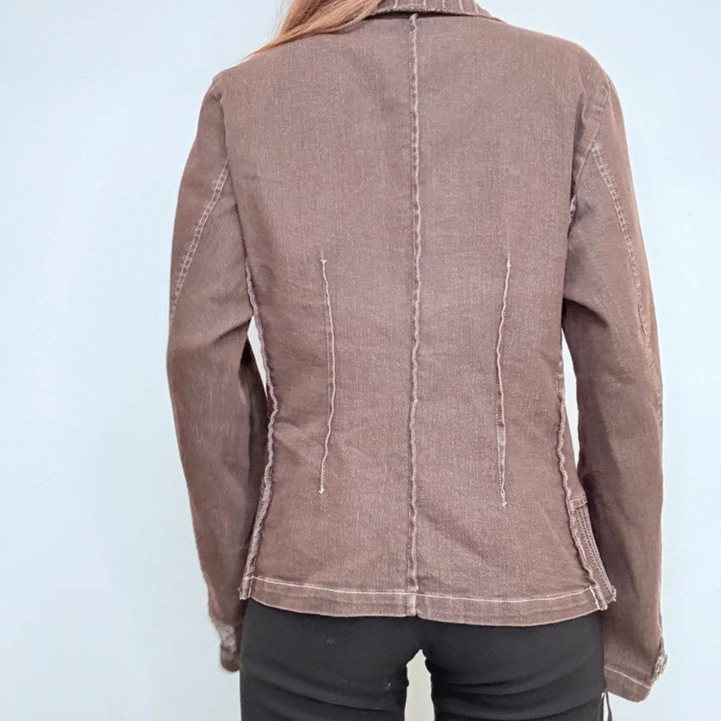 brown flared distressed pinstriped stitched jacket