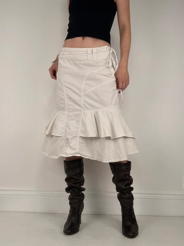 white ruffle low rise layered midi skirt