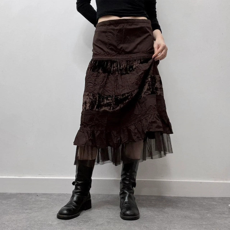 brown velvet lace midi skirt