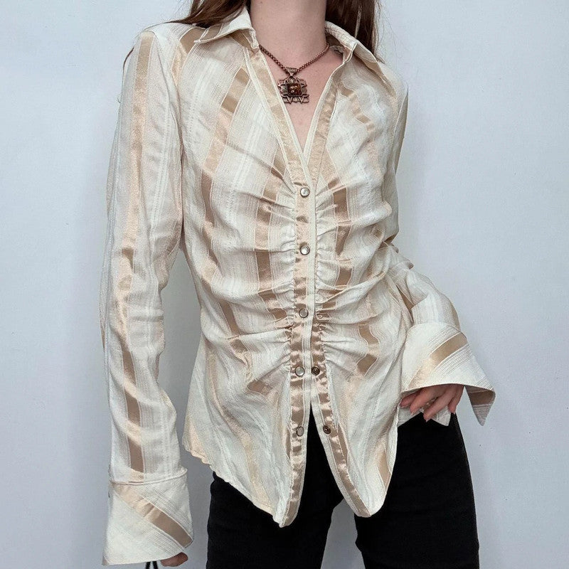 gathered cinched striped fitted shirt