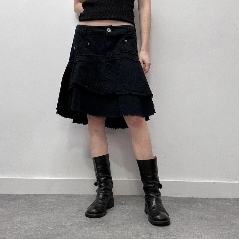 navy distressed midi skirt