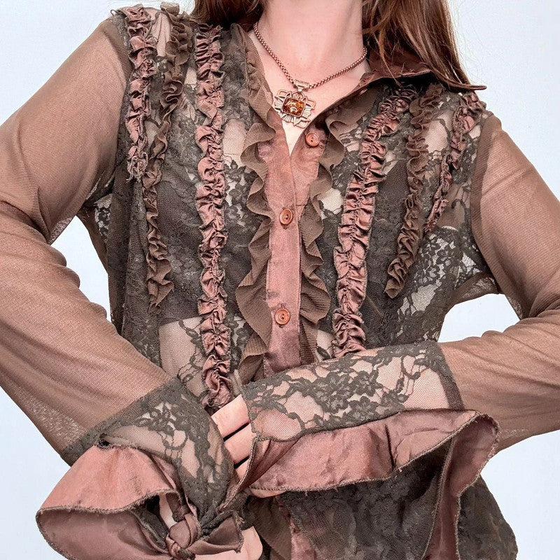brown lace sheer grunge shirt