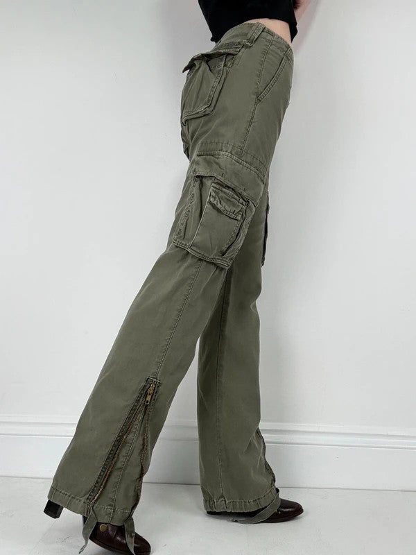 Low rise khaki flared cargo utility trousers
