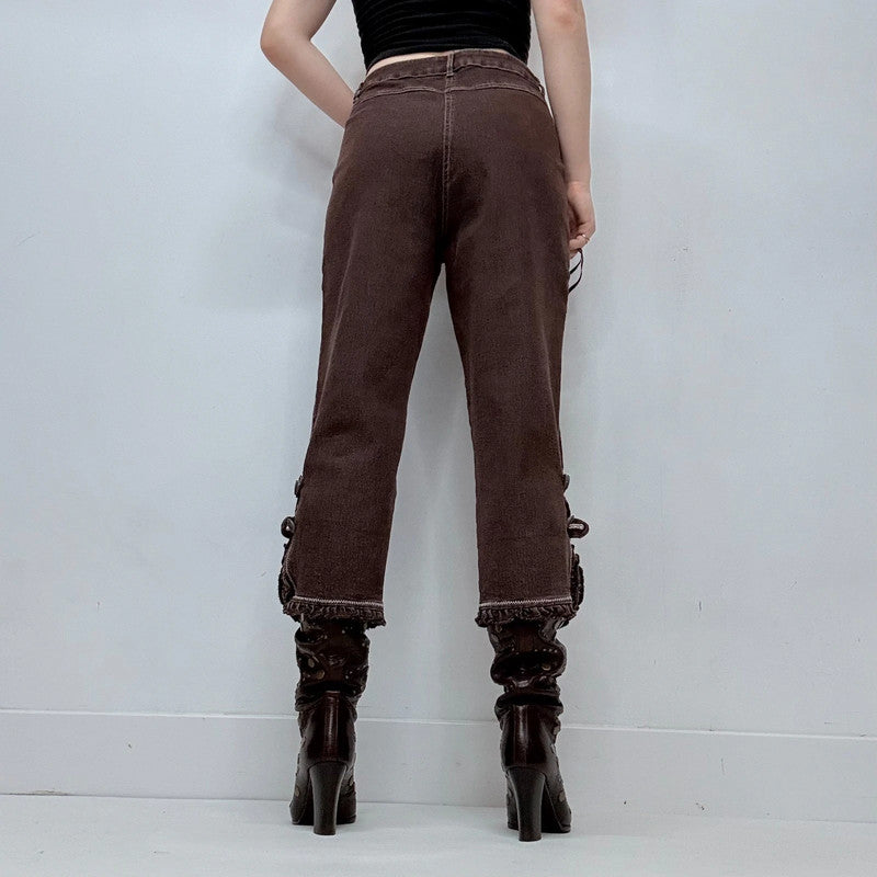 dark brown denim ruffle hem coquette capri pants
