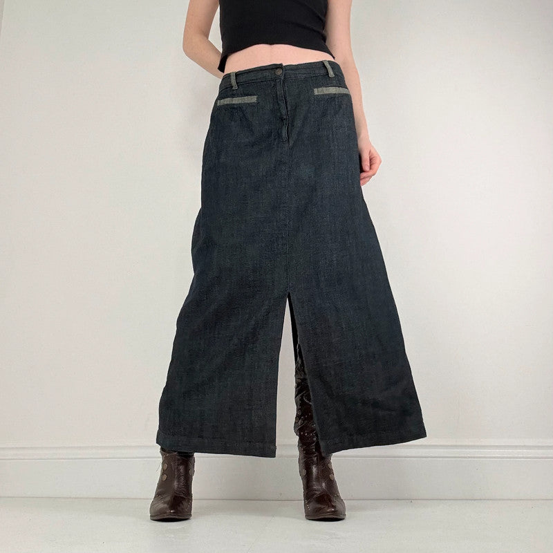 dark denim flared maxi skirt