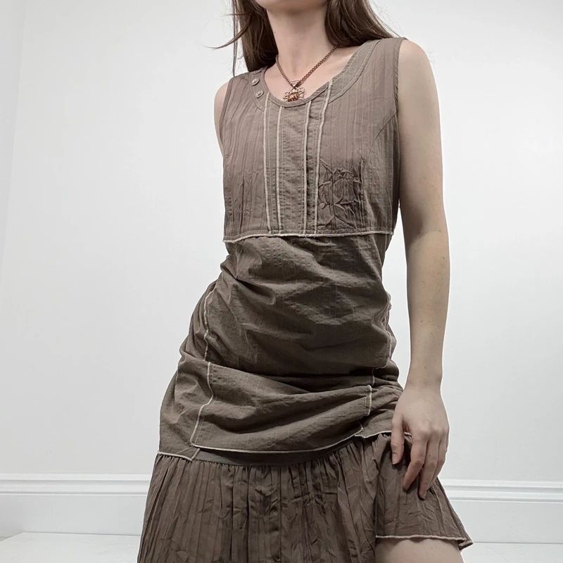 tan crinkle pleated midi dress