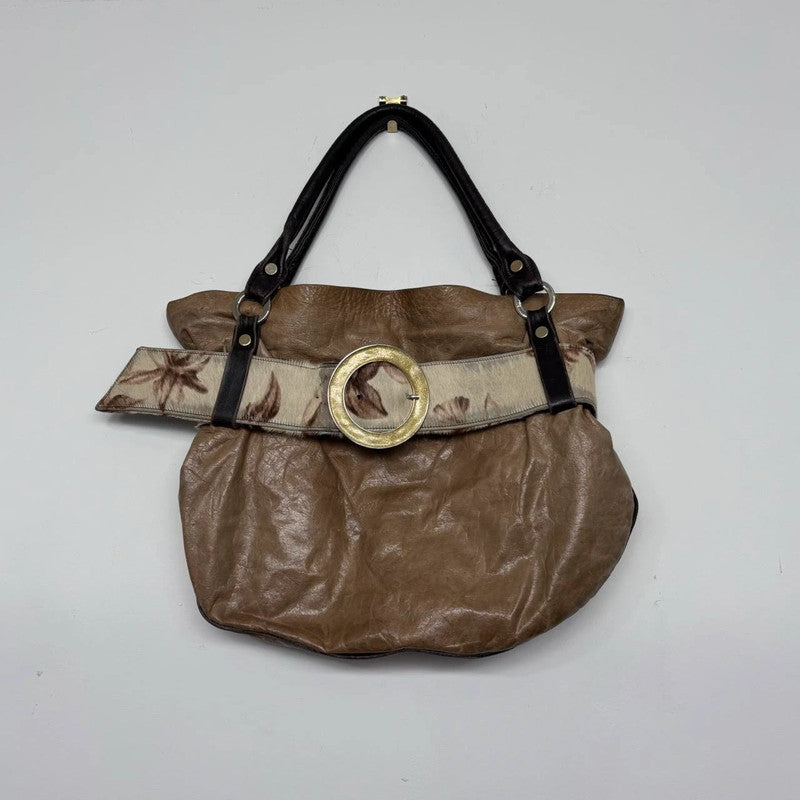tan leather buckle cowhide shoulder bag