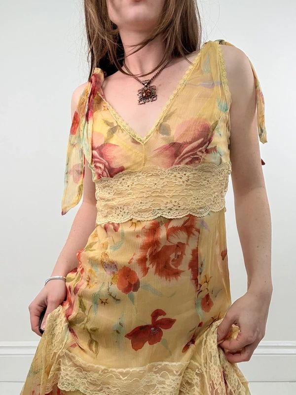 Butter yellow summer dress layered floral watercolour