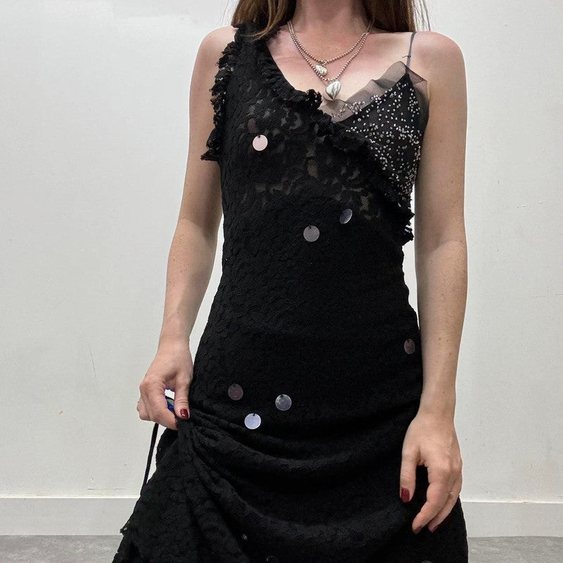 black lace beaded bias cut dress
